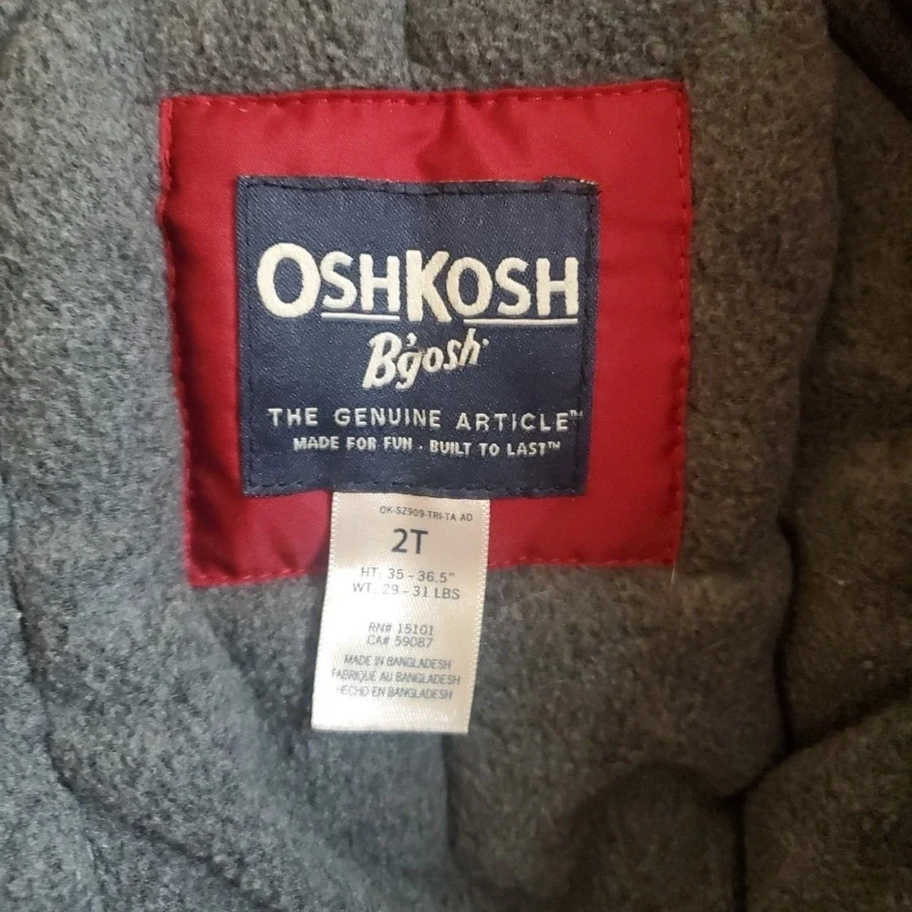OshKosh 2T Puffer Jacket Toddler Boys Red Blue Hooded‎ Fleece Lined Winter Coat